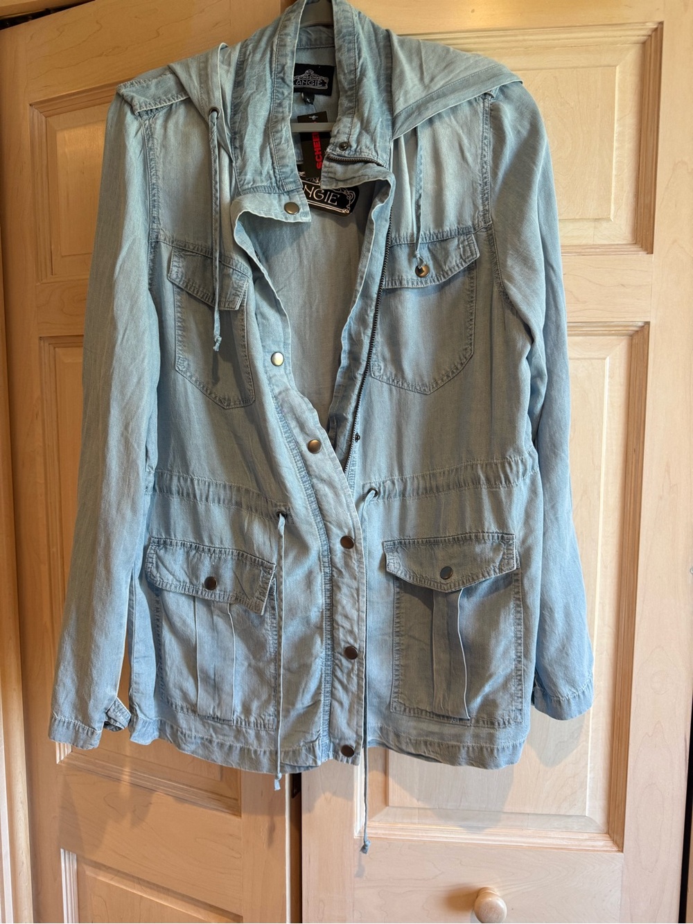 Angie Light Wash Denim-Style Hooded Utility Jacket